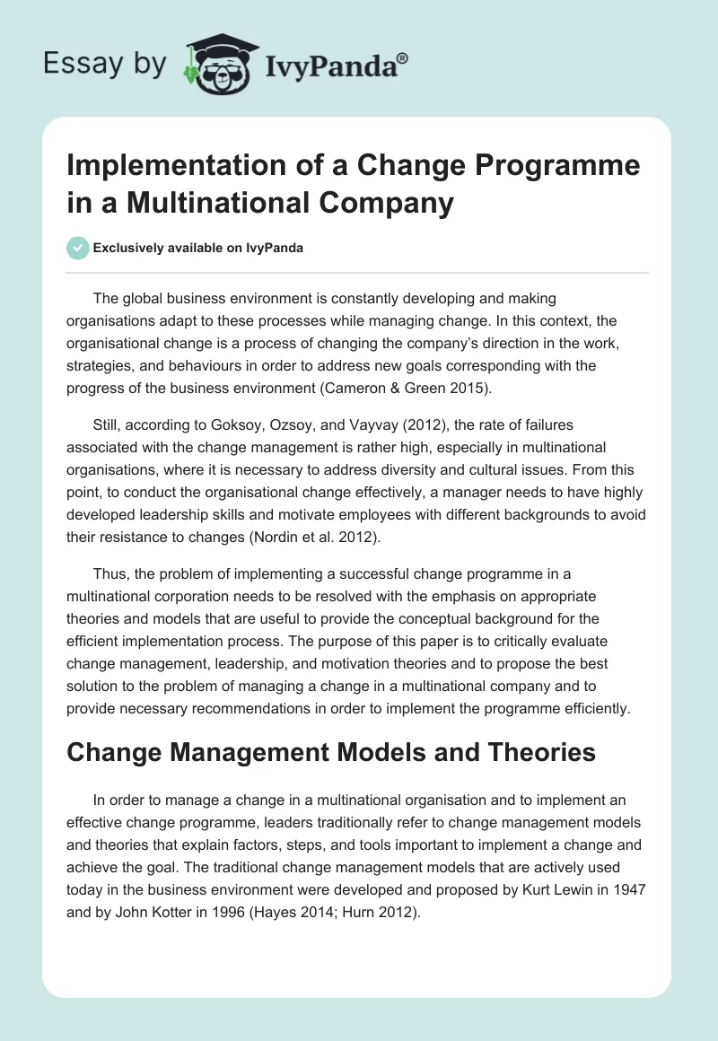 Implementation of a Change Programme in a Multinational Company. Page 1