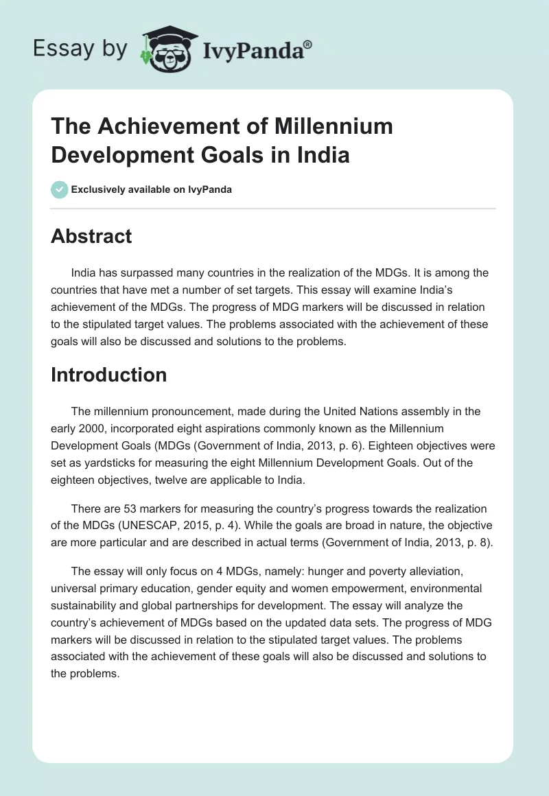 The Achievement of Millennium Development Goals in India. Page 1