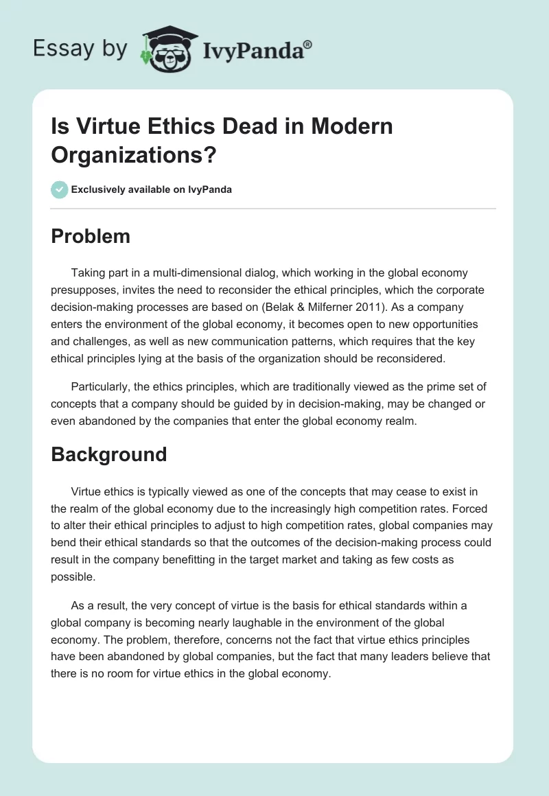 Is Virtue Ethics Dead in Modern Organizations?. Page 1