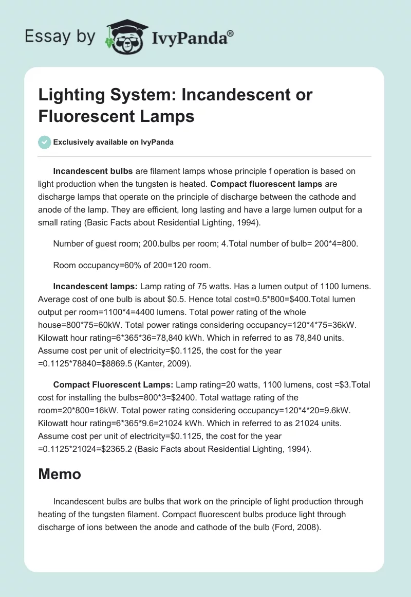 Lighting System: Incandescent or Fluorescent Lamps. Page 1