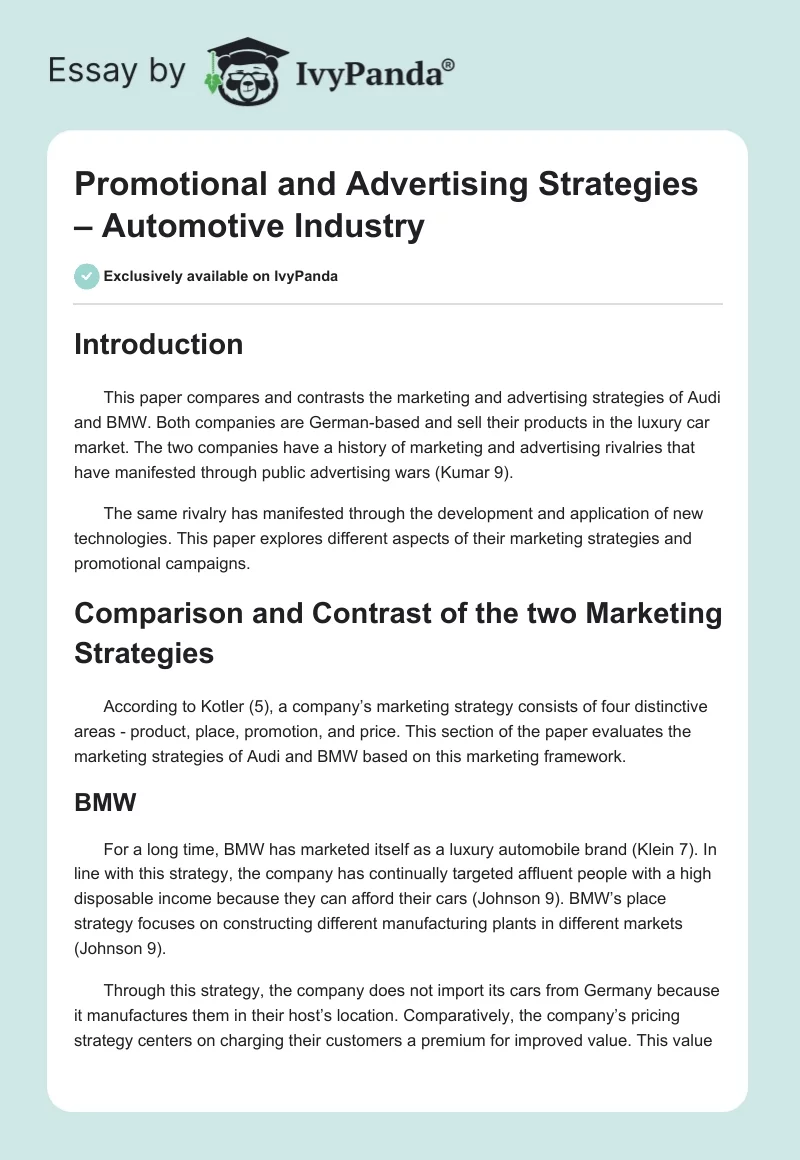 Promotional and Advertising Strategies – Automotive Industry. Page 1