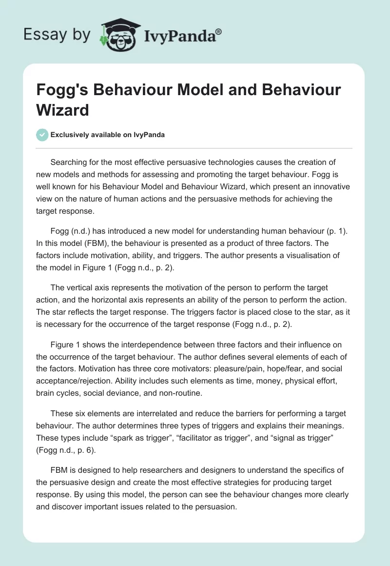 Fogg's Behaviour Model and Behaviour Wizard. Page 1