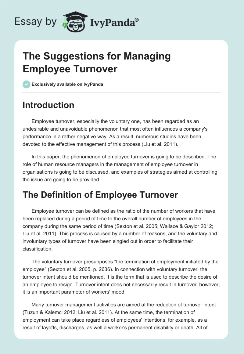 The Suggestions for Managing Employee Turnover. Page 1