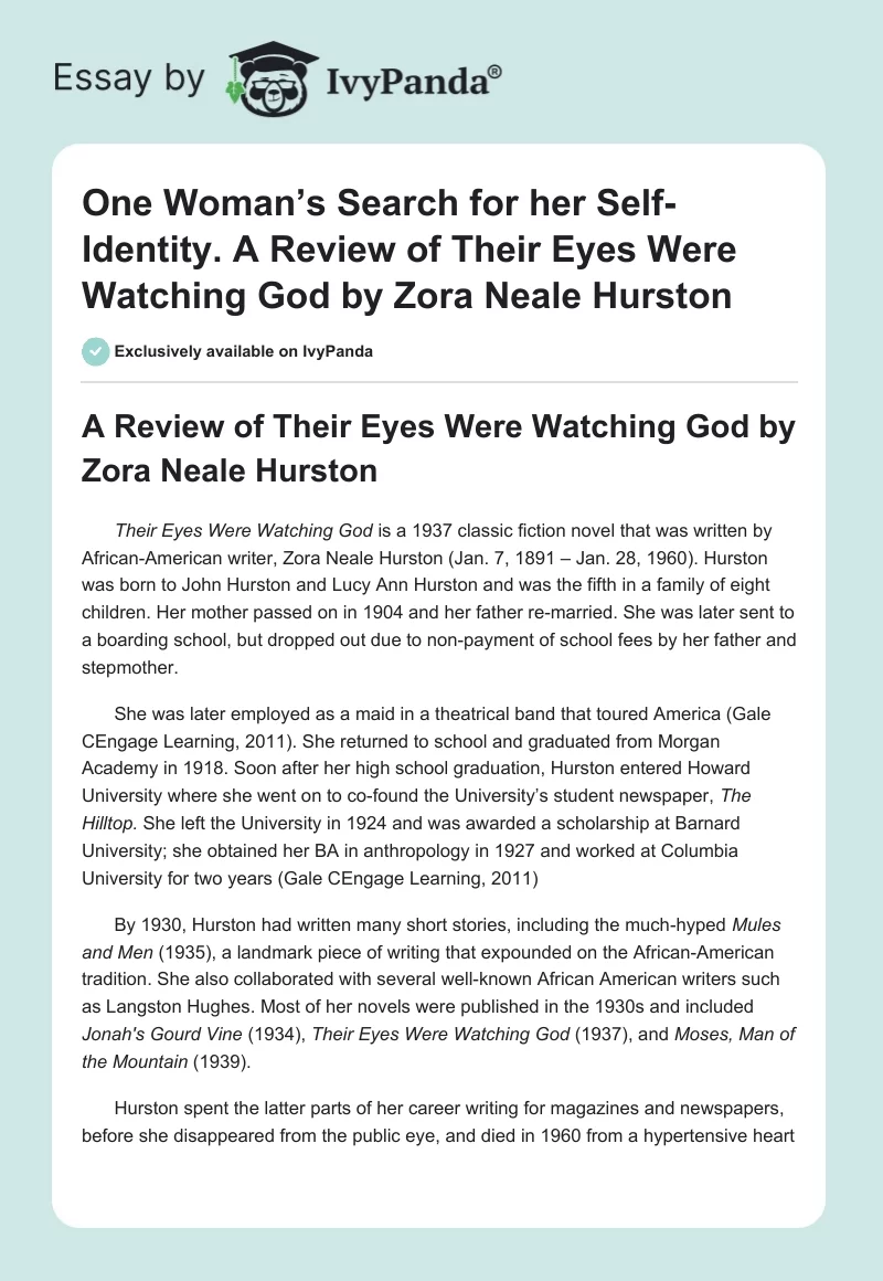 One Woman’s Search for her Self-Identity. A Review of Their Eyes Were Watching God by Zora Neale Hurston. Page 1
