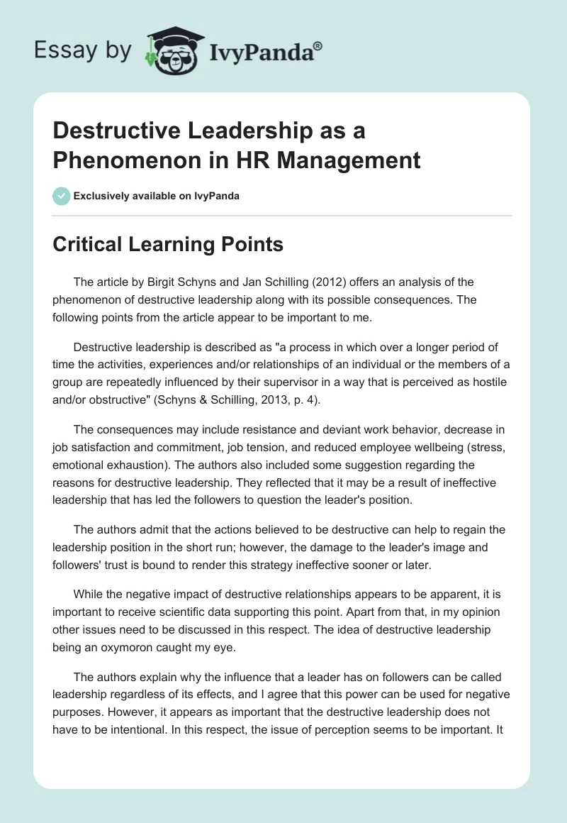Destructive Leadership as a Phenomenon in HR Management. Page 1