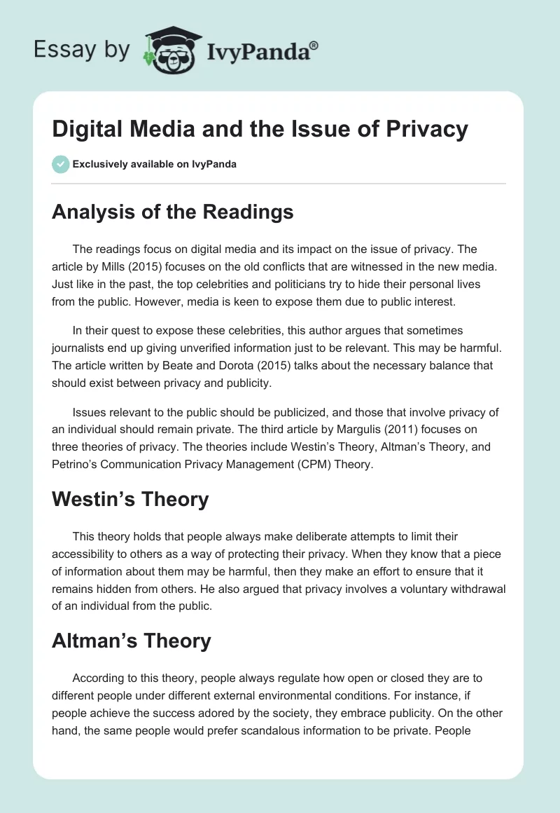 Digital Media and the Issue of Privacy. Page 1