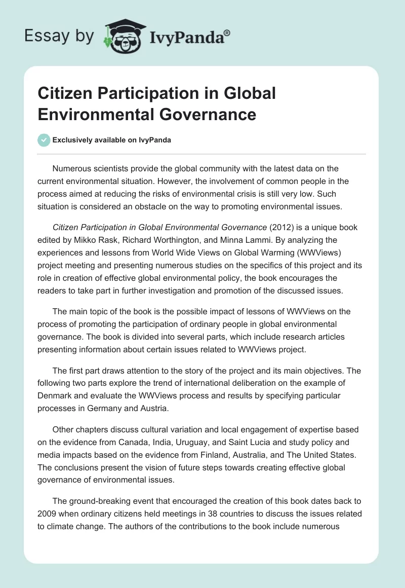 Citizen Participation in Global Environmental Governance. Page 1