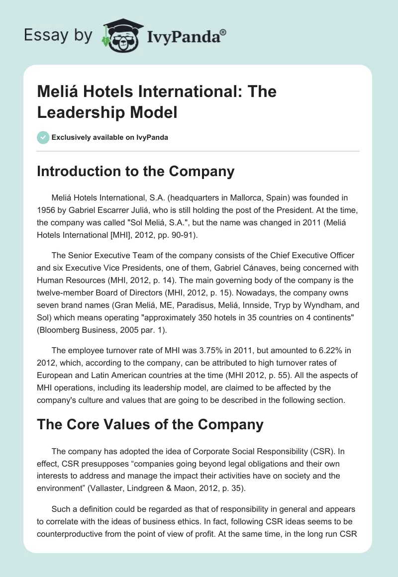 Meliá Hotels International: The Leadership Model. Page 1