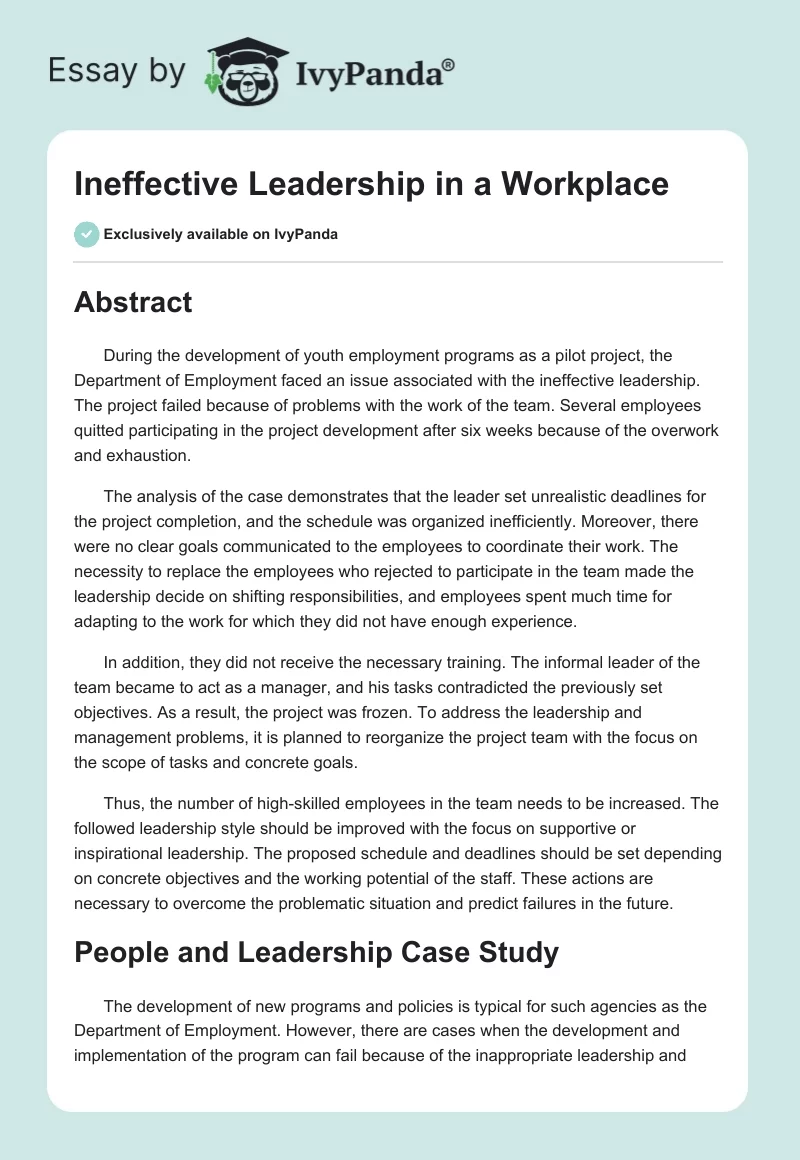 Ineffective Leadership in a Workplace. Page 1