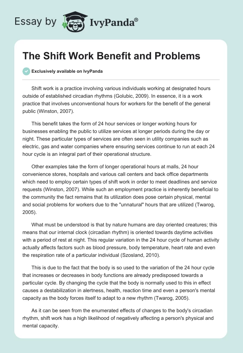 The Shift Work Benefit and Problems. Page 1