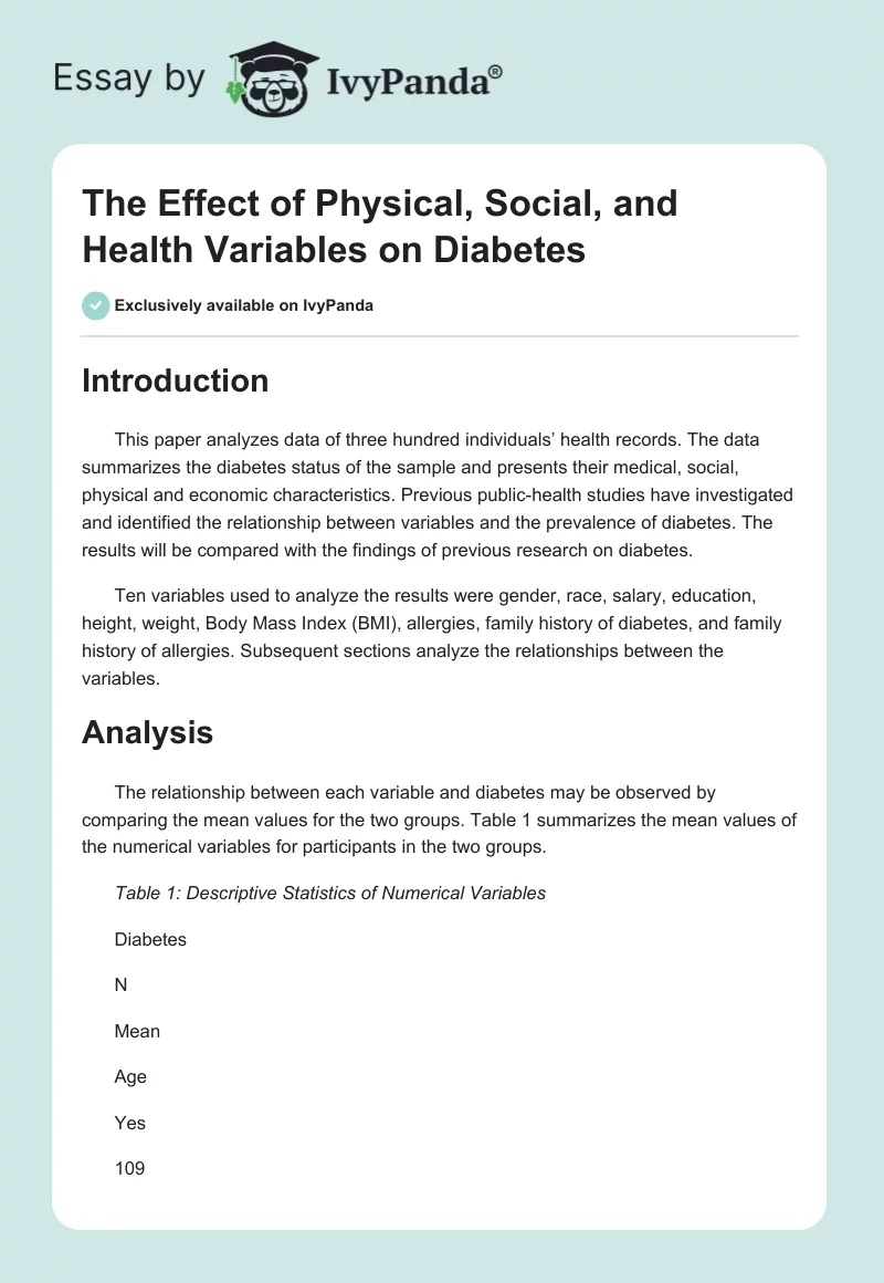 The Effect of Physical, Social, and Health Variables on Diabetes. Page 1