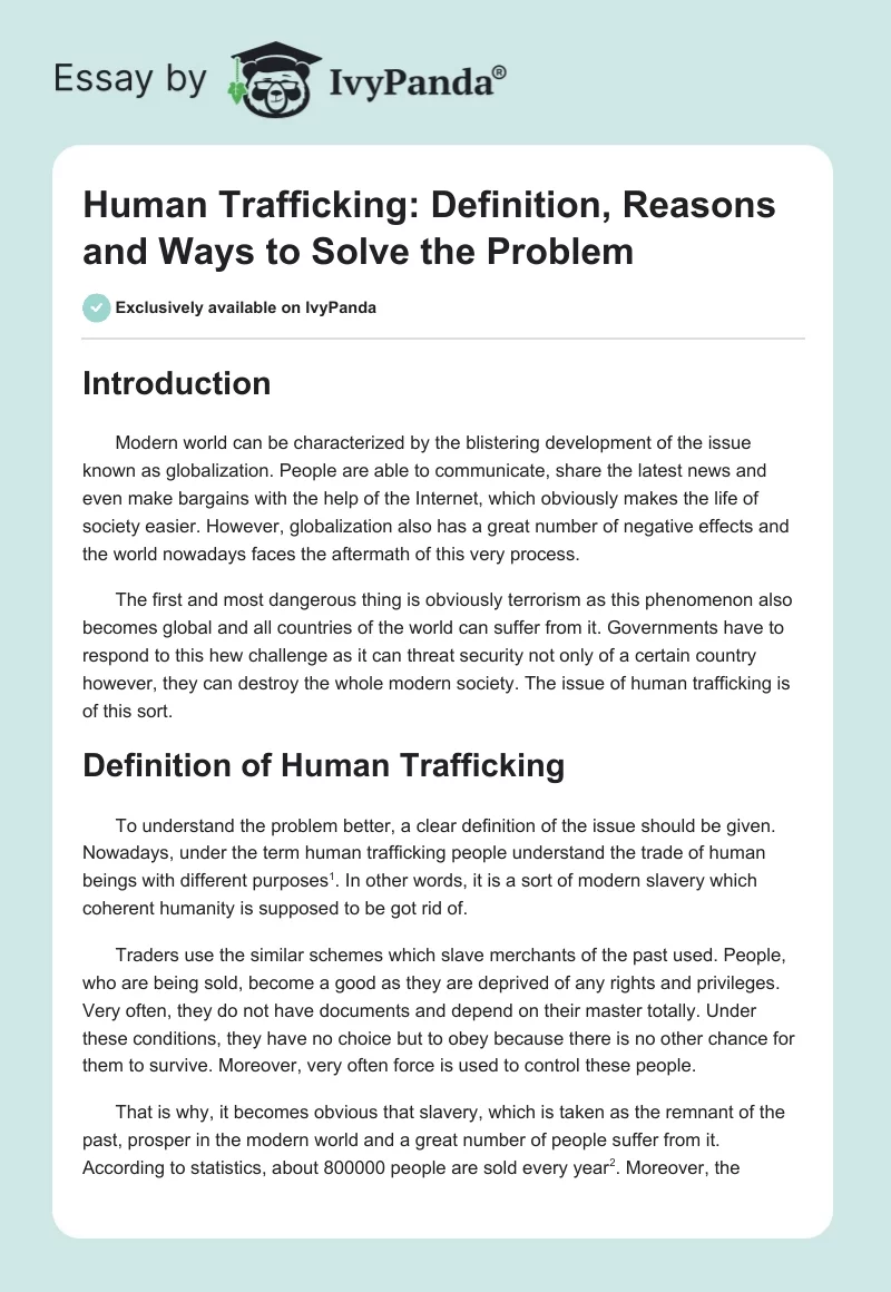 Human Trafficking: Definition, Reasons and Ways to Solve the Problem. Page 1