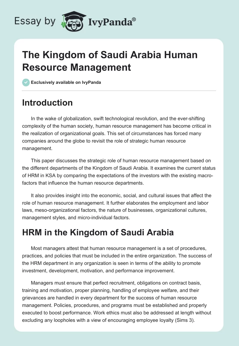 The Kingdom of Saudi Arabia Human Resource Management. Page 1