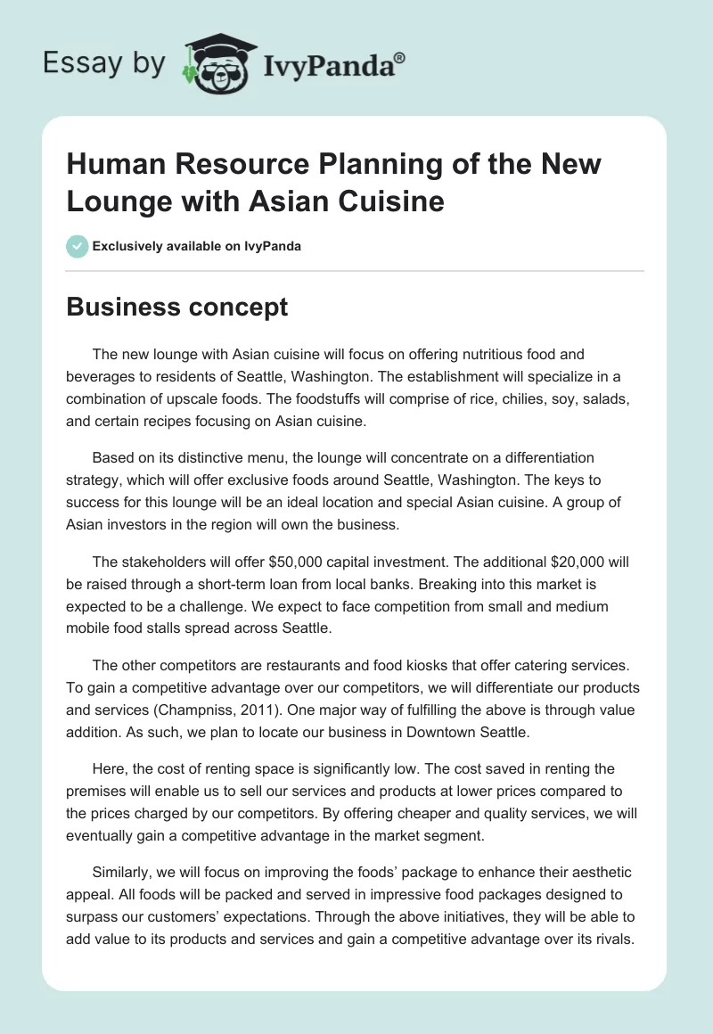 Human Resource Planning of the New Lounge with Asian Cuisine. Page 1