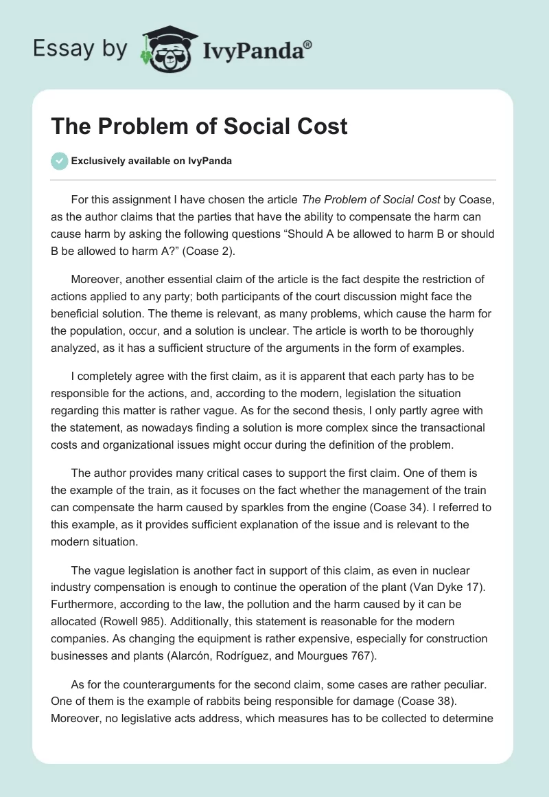 The Problem of Social Cost. Page 1