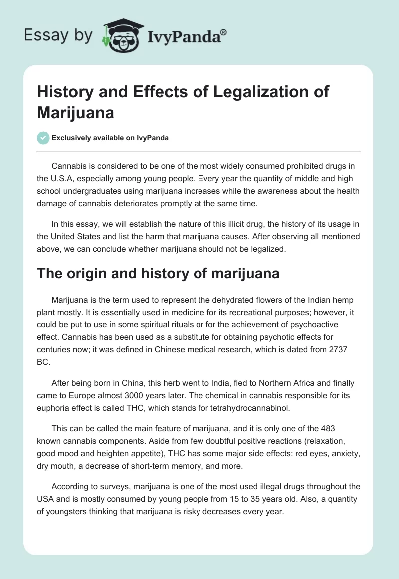 History and Effects of Legalization of Marijuana. Page 1
