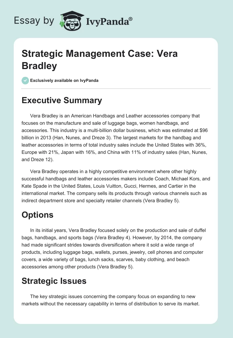 Strategic Management Case: Vera Bradley. Page 1