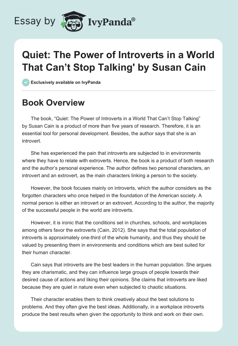 "Quiet: The Power of Introverts in A World That Can’t Stop Talking” by Susan Cain. Page 1