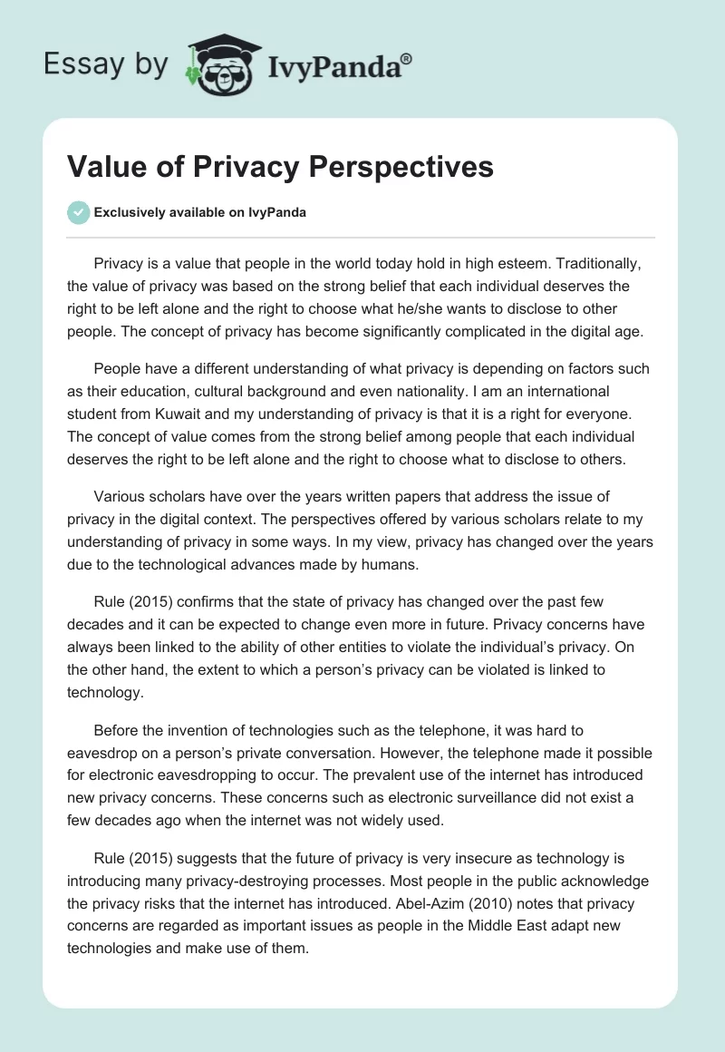 Value of Privacy Perspectives. Page 1