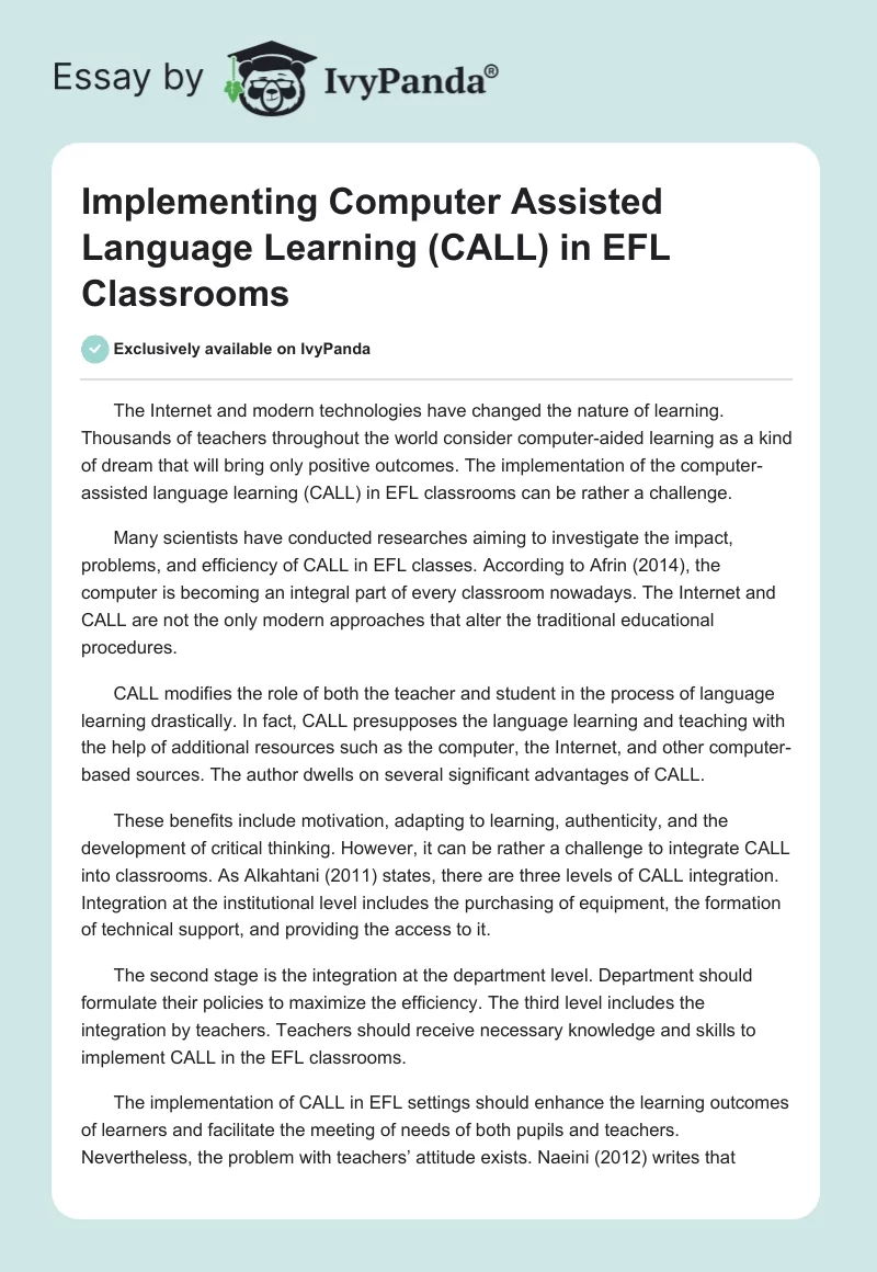 Implementing Computer Assisted Language Learning (CALL) in EFL Classrooms. Page 1