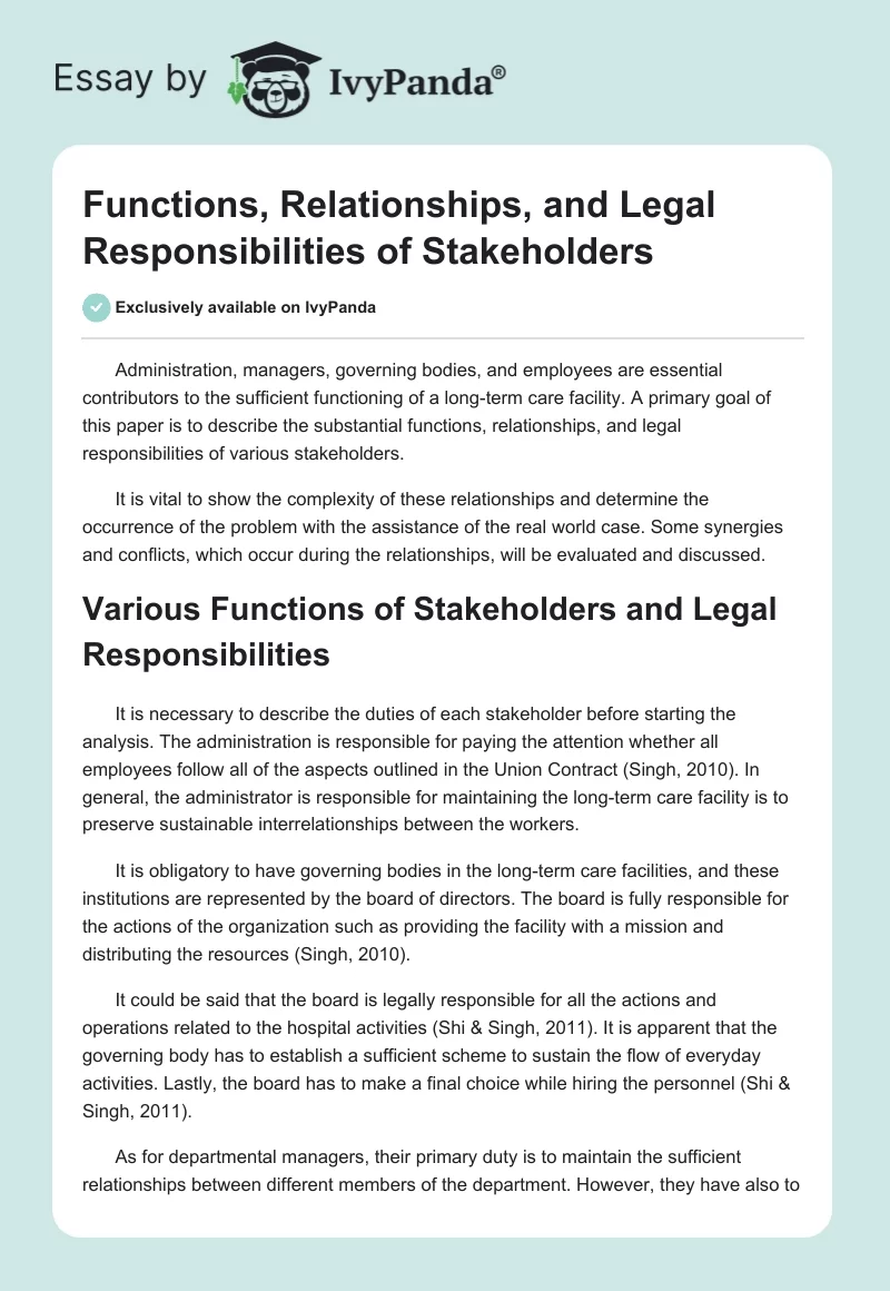 Functions, Relationships, and Legal Responsibilities of Stakeholders. Page 1