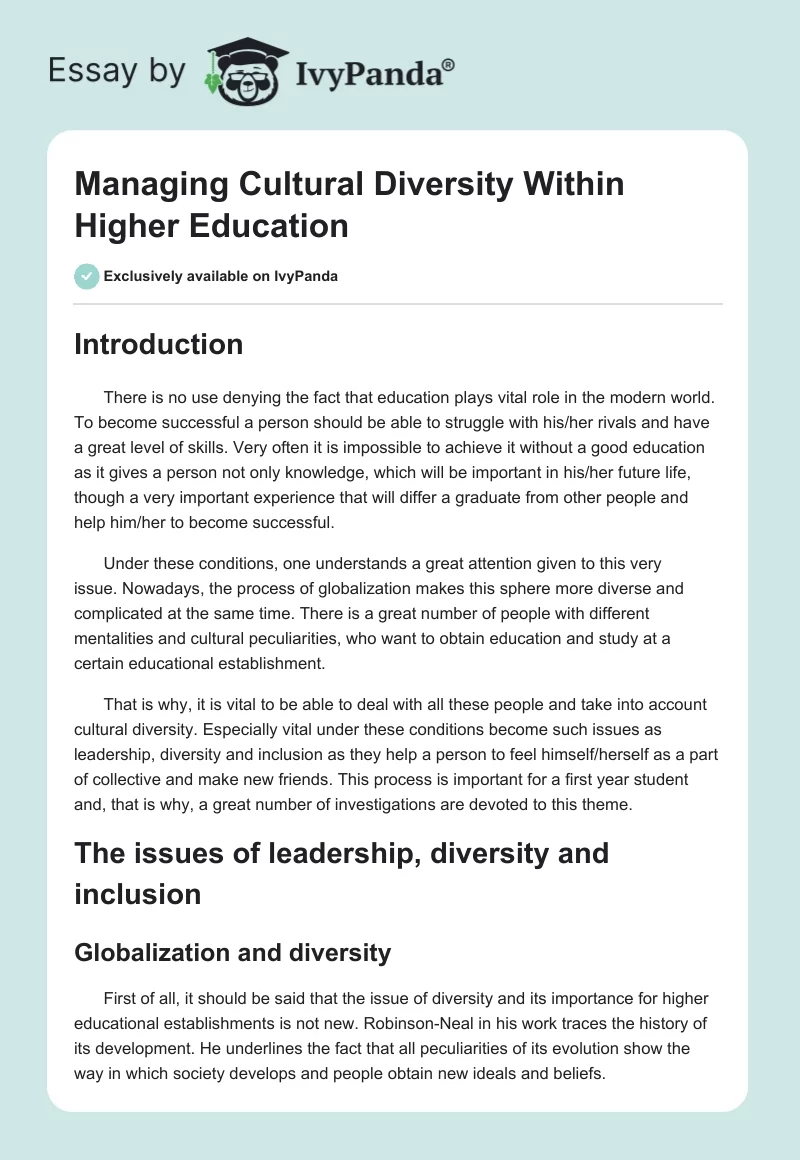 Managing Cultural Diversity Within Higher Education. Page 1