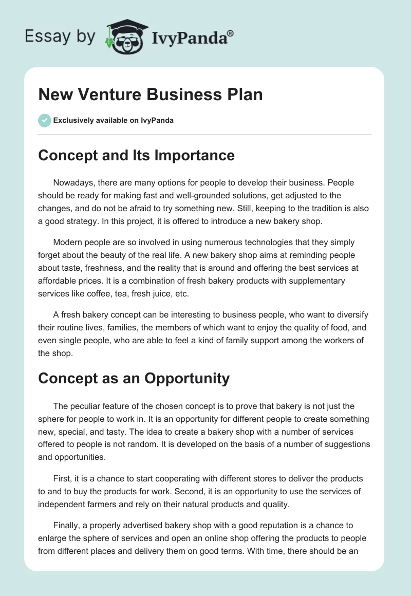 New Venture Business Plan. Page 1