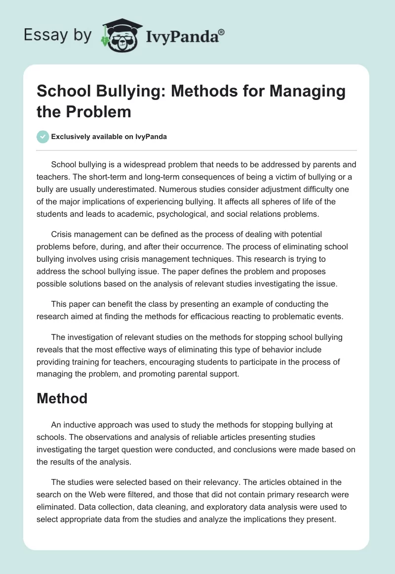 School Bullying: Methods for Managing the Problem. Page 1