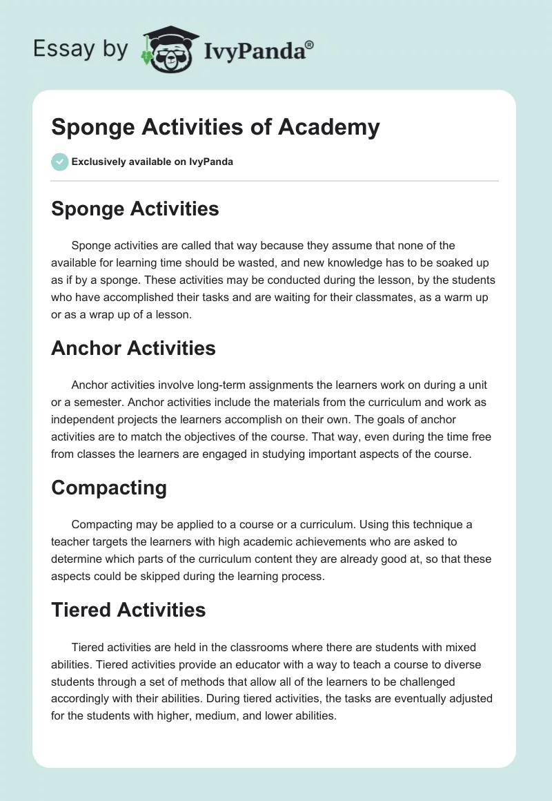 Sponge Activities of Academy. Page 1