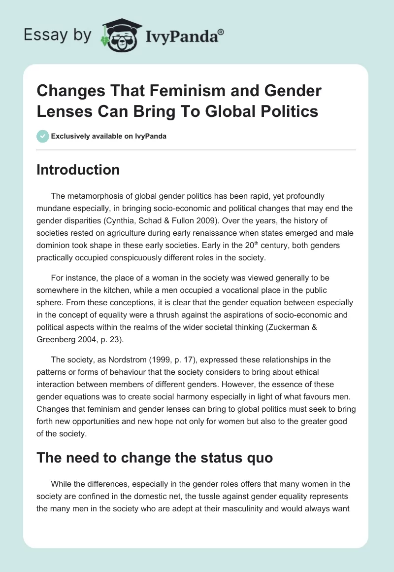 Changes That Feminism and Gender Lenses Can Bring To Global Politics. Page 1