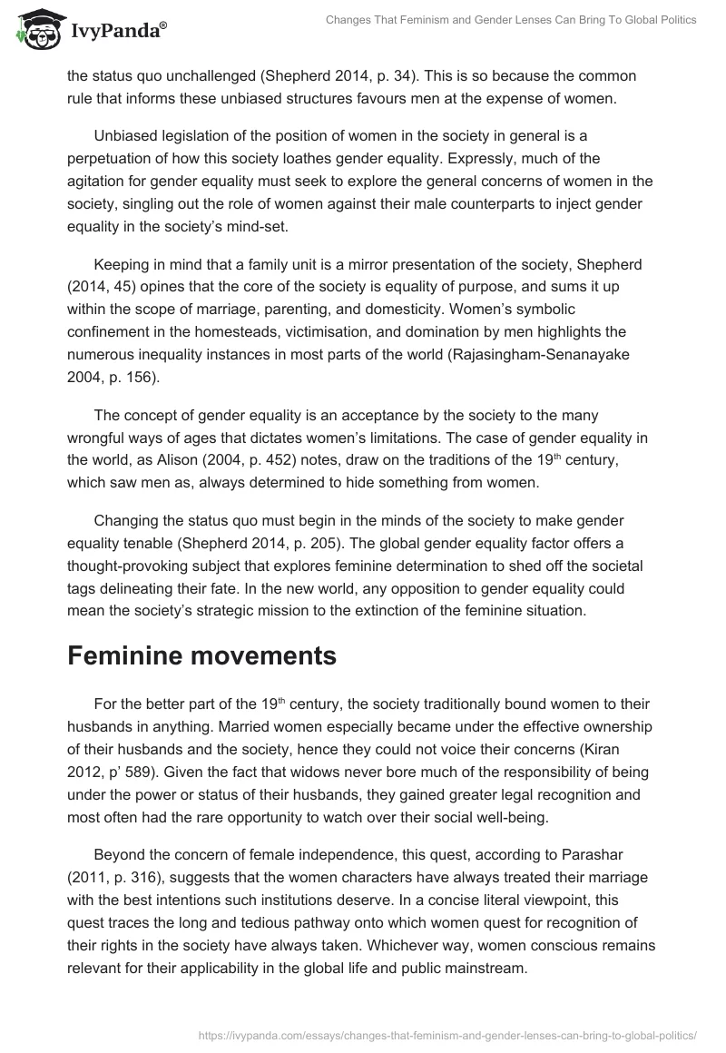 Changes That Feminism and Gender Lenses Can Bring To Global Politics. Page 2