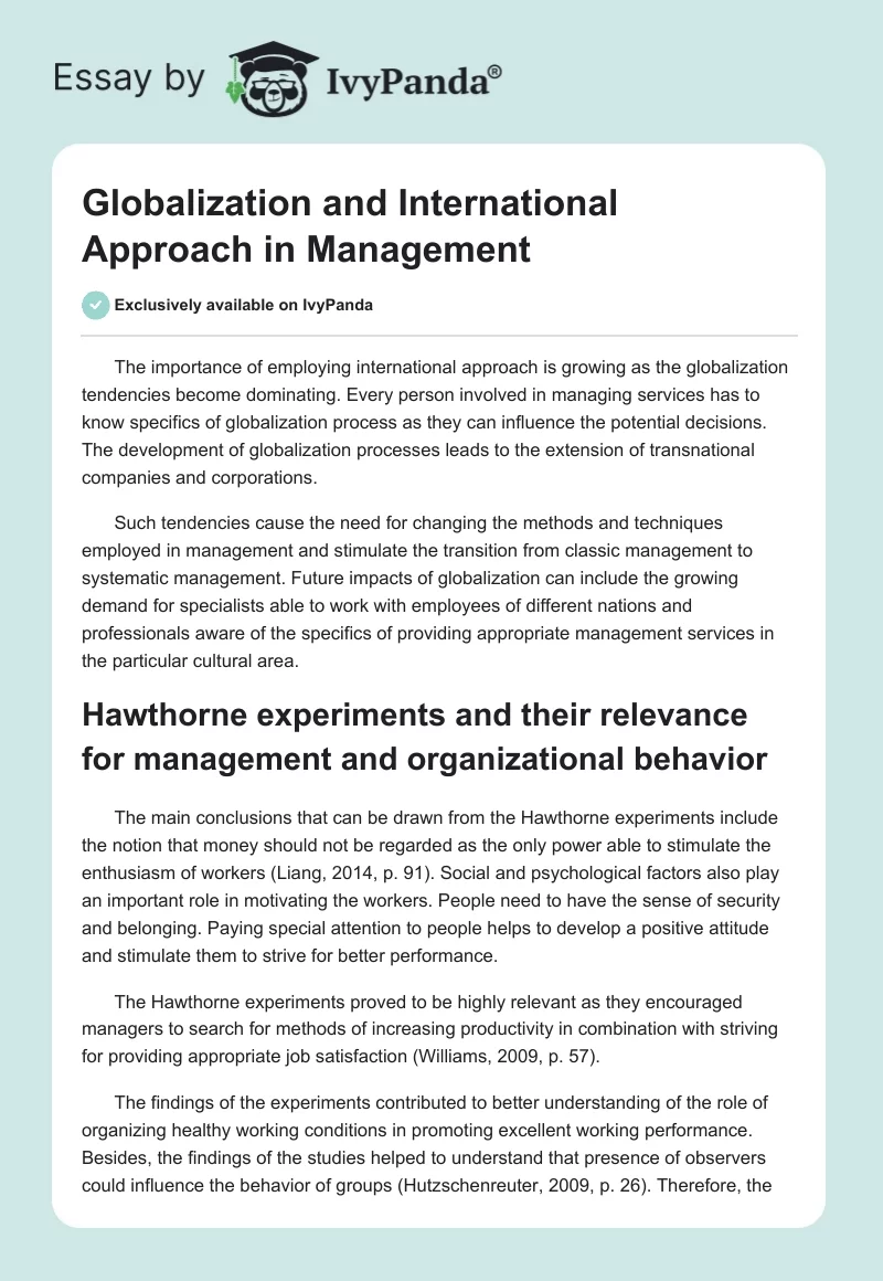 Globalization and International Approach in Management. Page 1