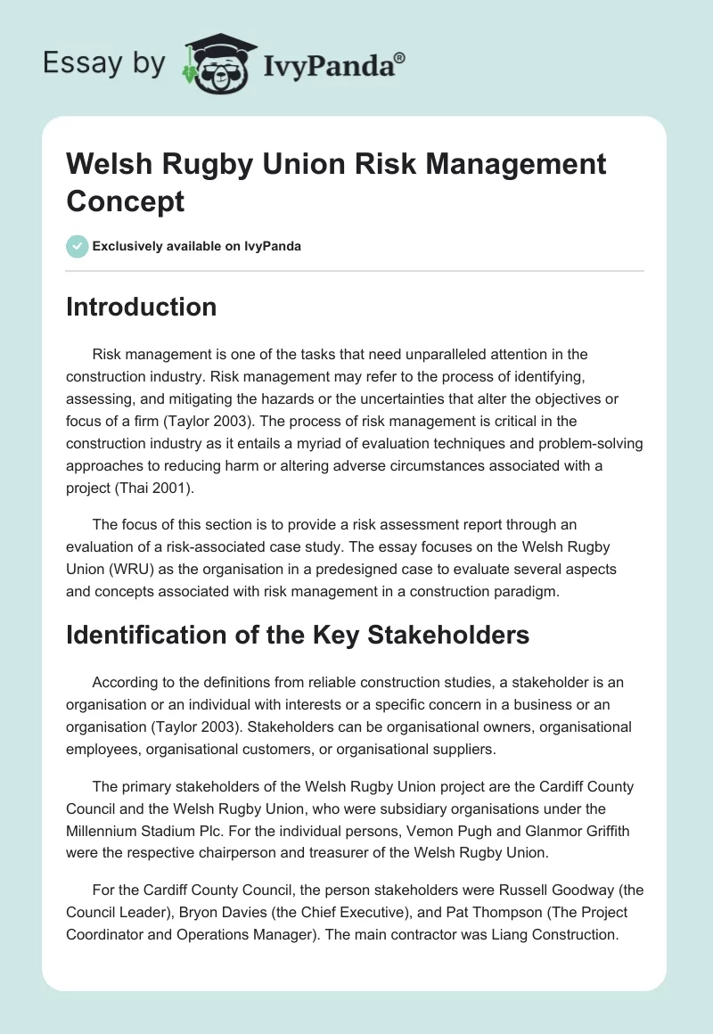 Welsh Rugby Union Risk Management Concept. Page 1
