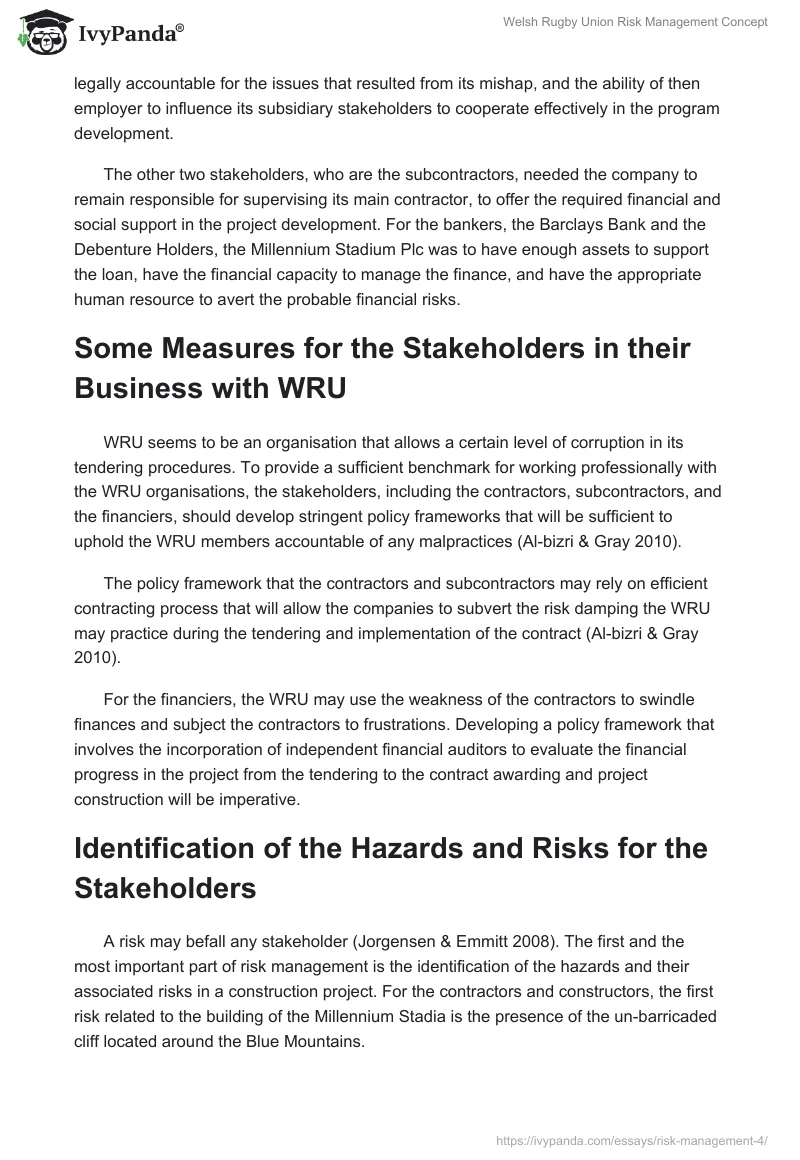 Welsh Rugby Union Risk Management Concept. Page 4