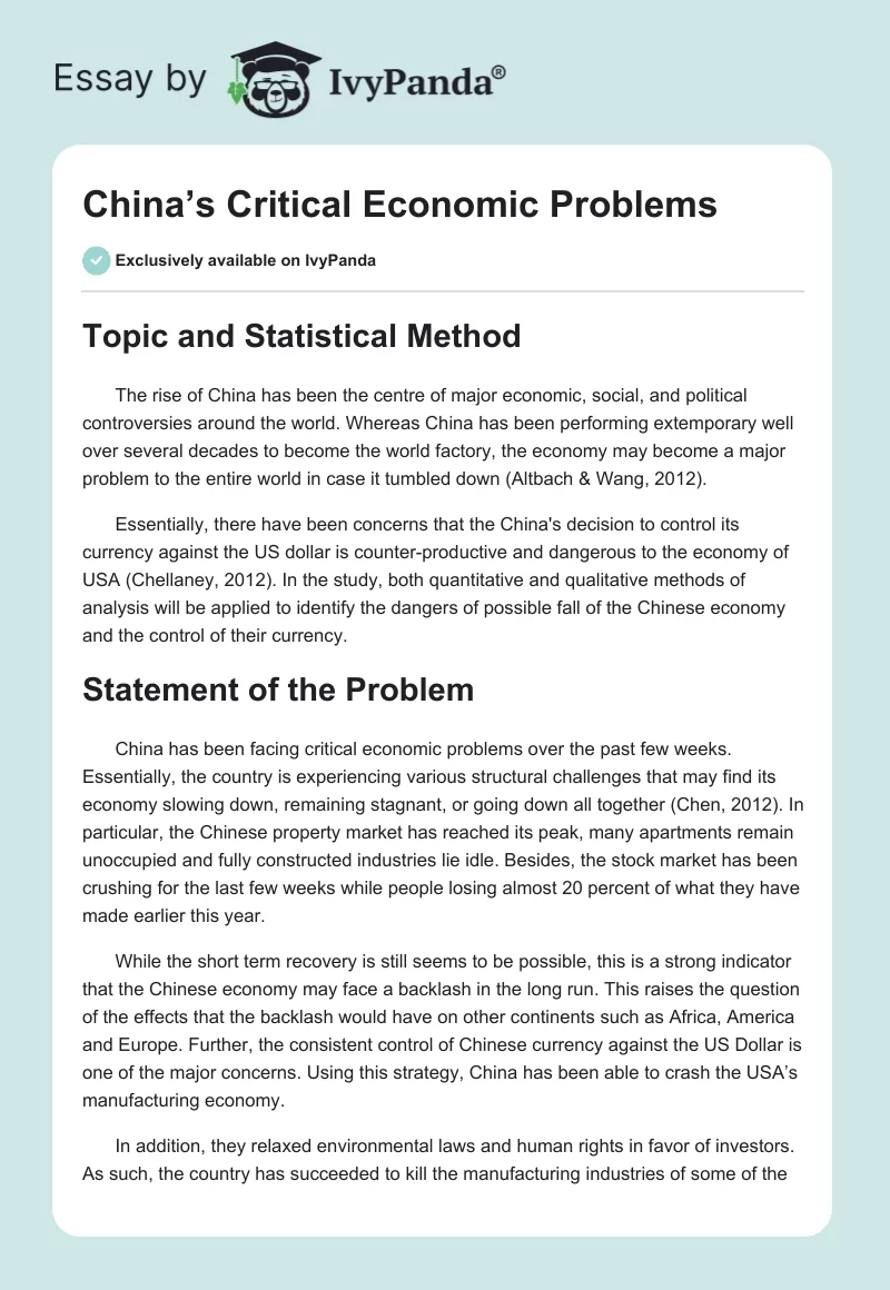 China’s Critical Economic Problems. Page 1