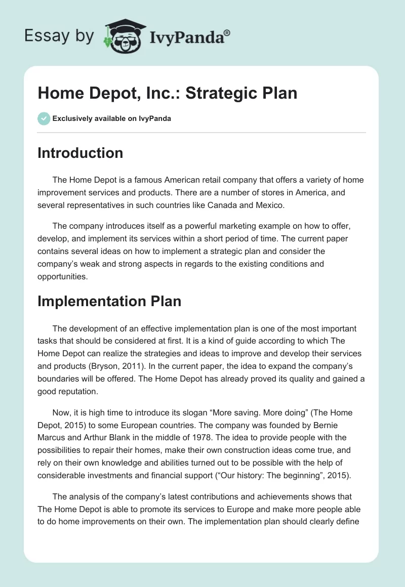 Home Depot, Inc.: Strategic Plan. Page 1