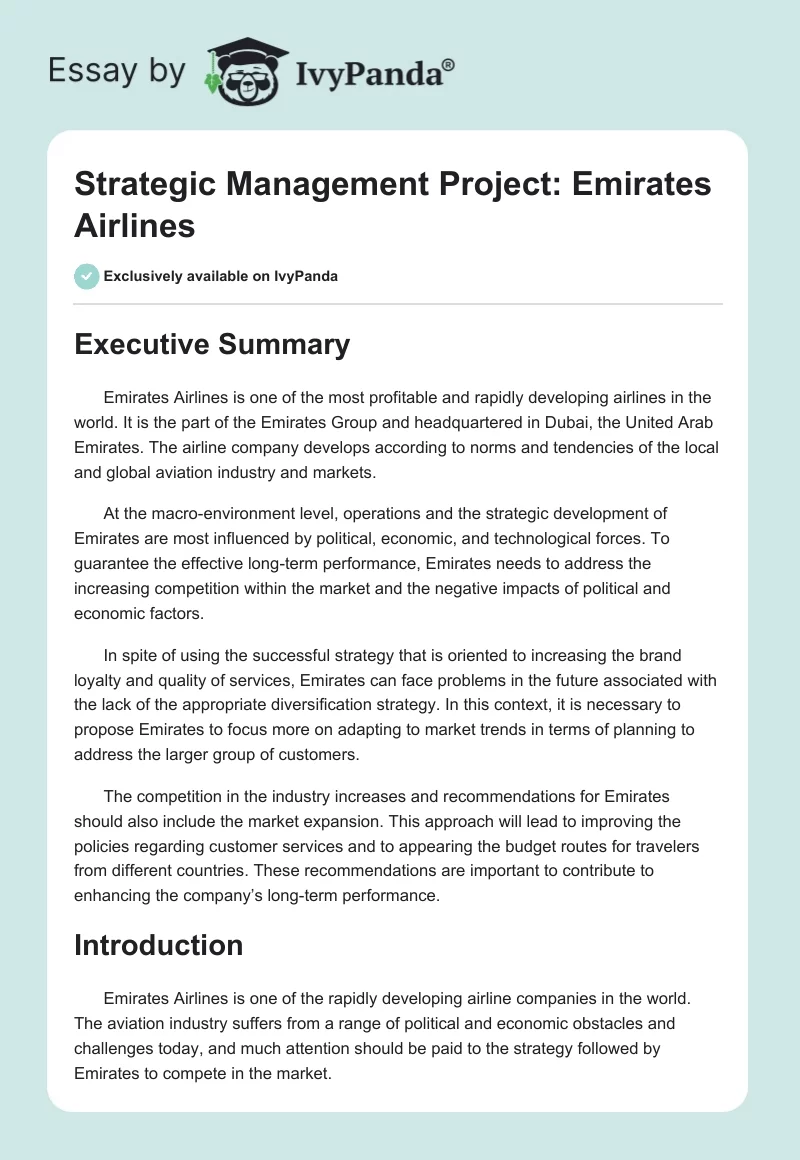 Strategic Management Project: Emirates Airlines. Page 1