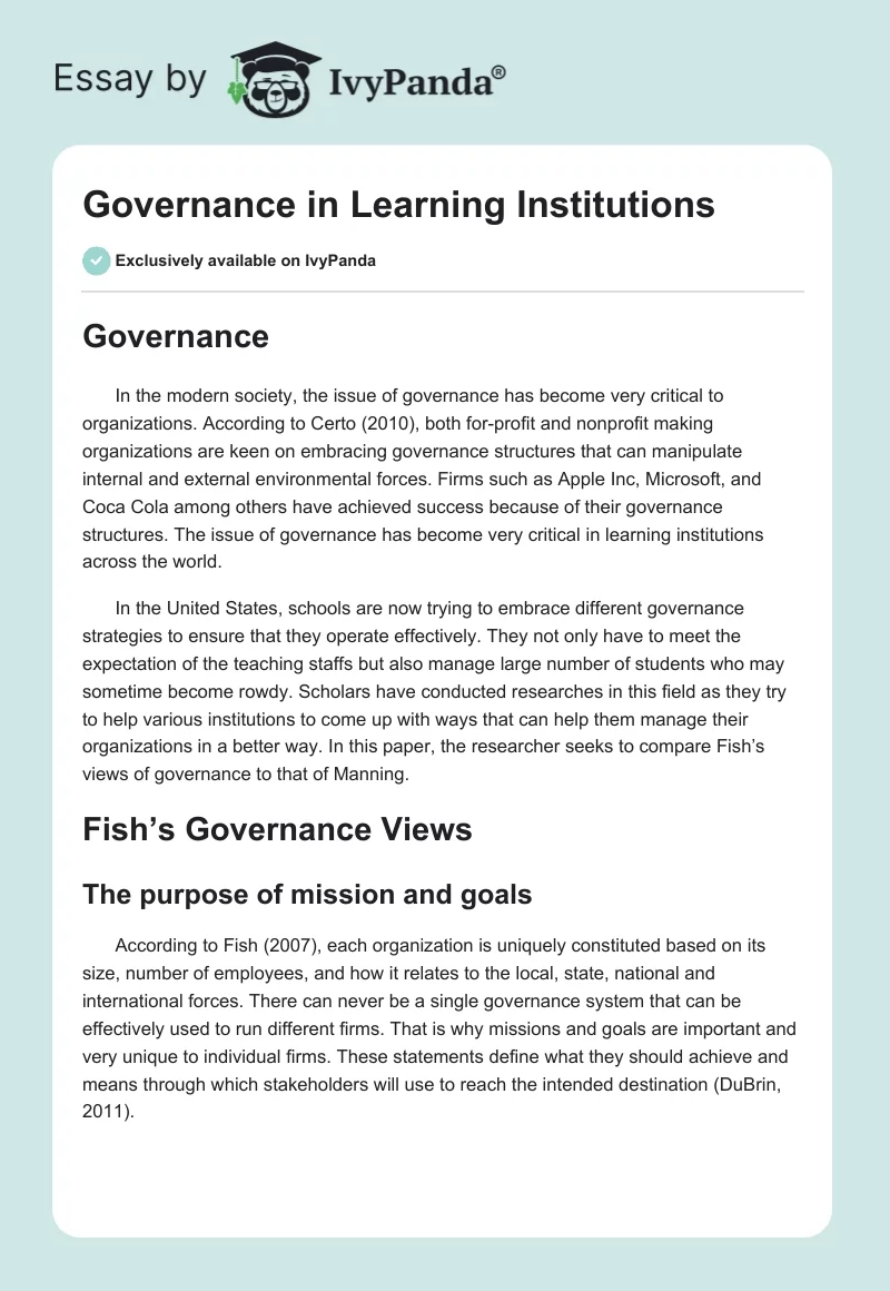 Governance in Learning Institutions. Page 1