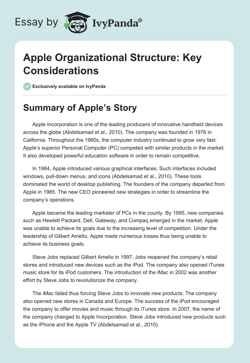 Apple Organizational Structure: Key Considerations. Page 1