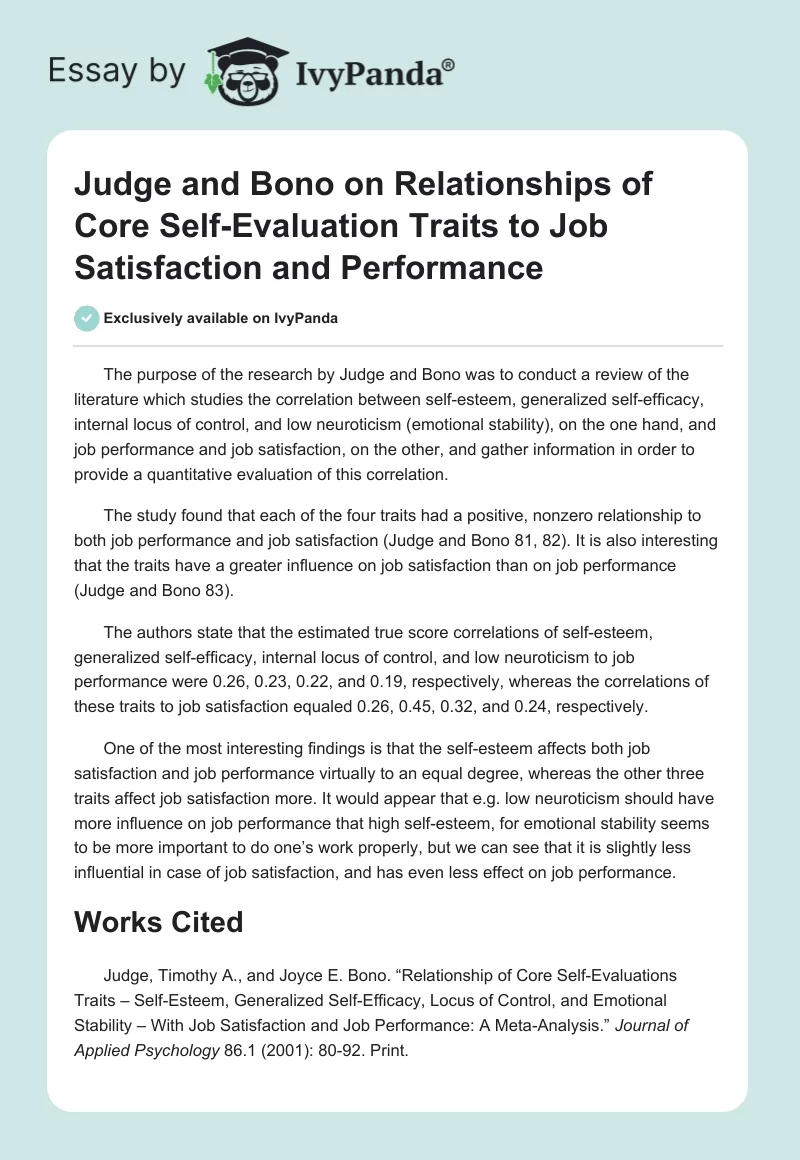 Judge and Bono on Relationships of Core Self-Evaluation Traits to Job Satisfaction and Performance. Page 1