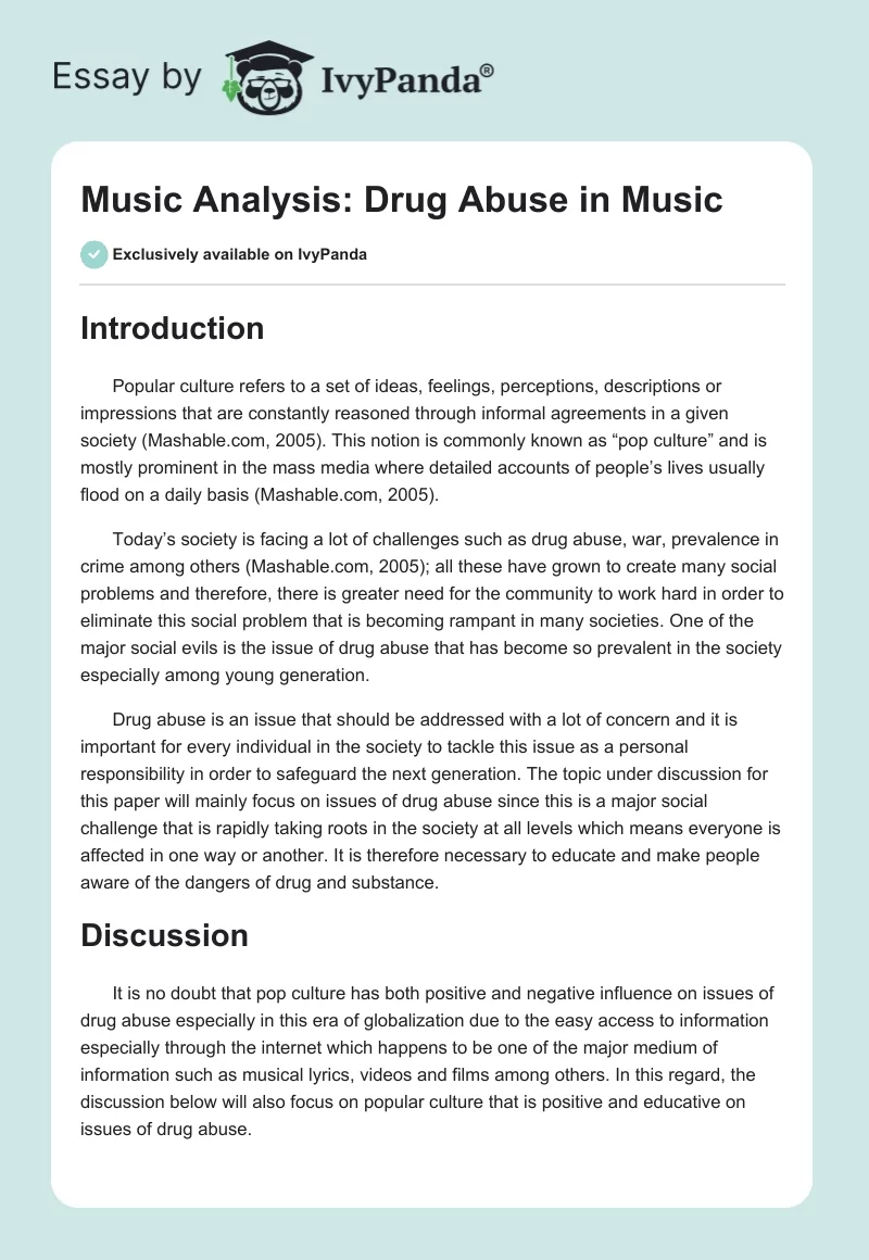 Music Analysis: Drug Abuse in Music. Page 1