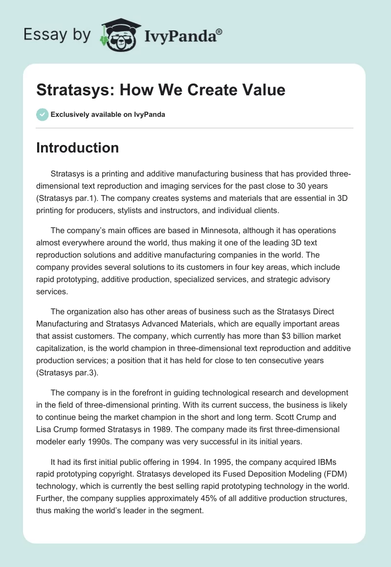 Stratasys: How We Create Value. Page 1