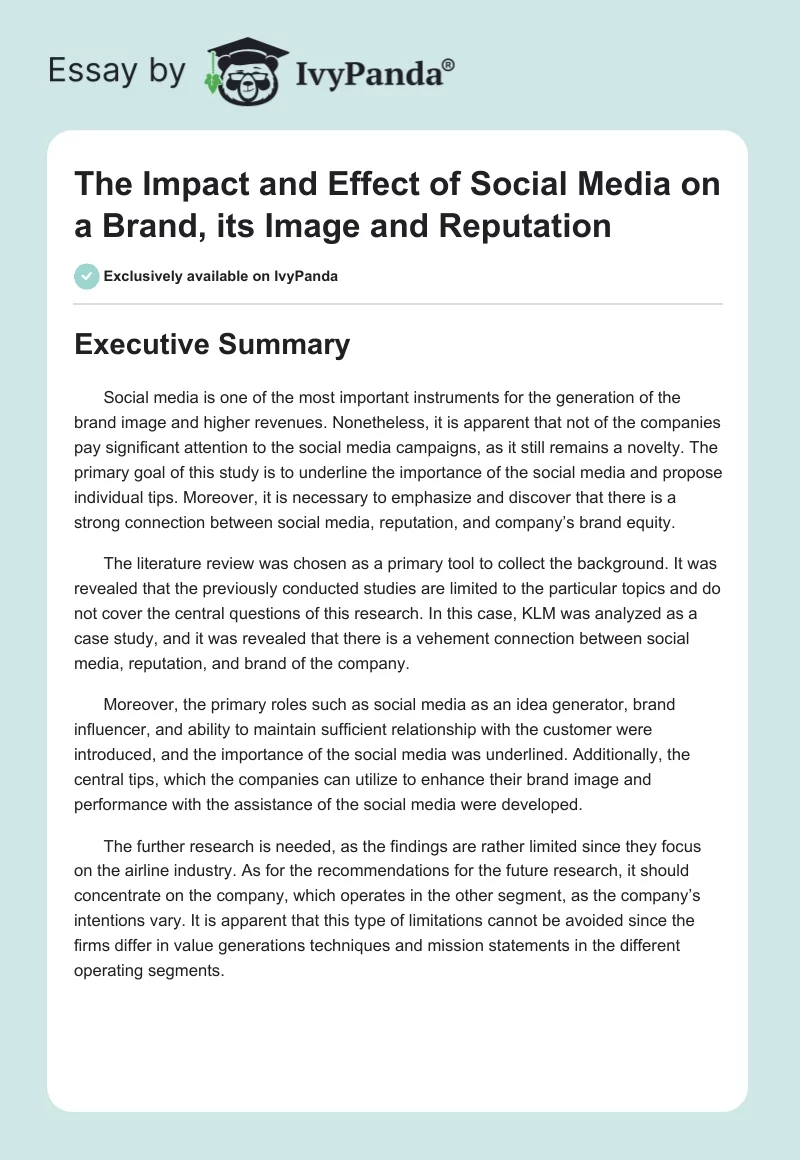 The Impact of Social Media on a Brand, Its Image, and Reputation. Page 1