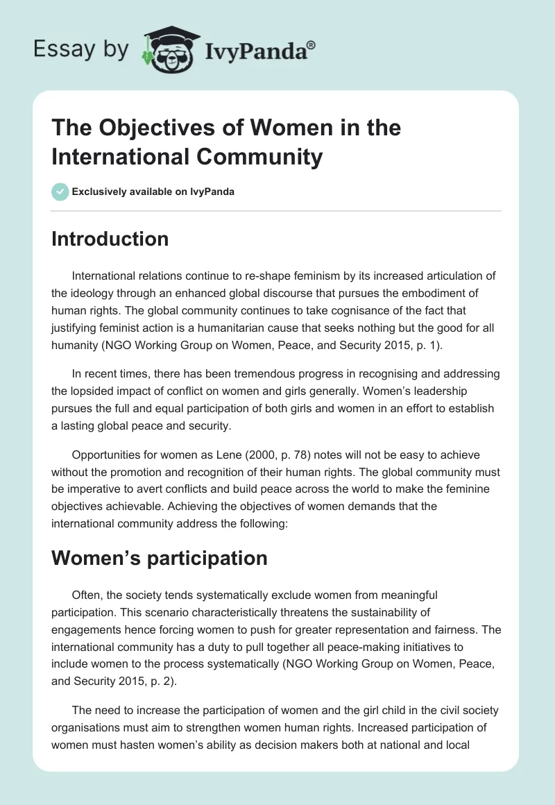 The Objectives of Women in the International Community. Page 1