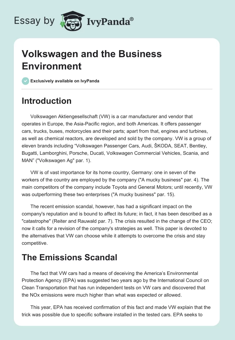 Volkswagen and the Business Environment. Page 1