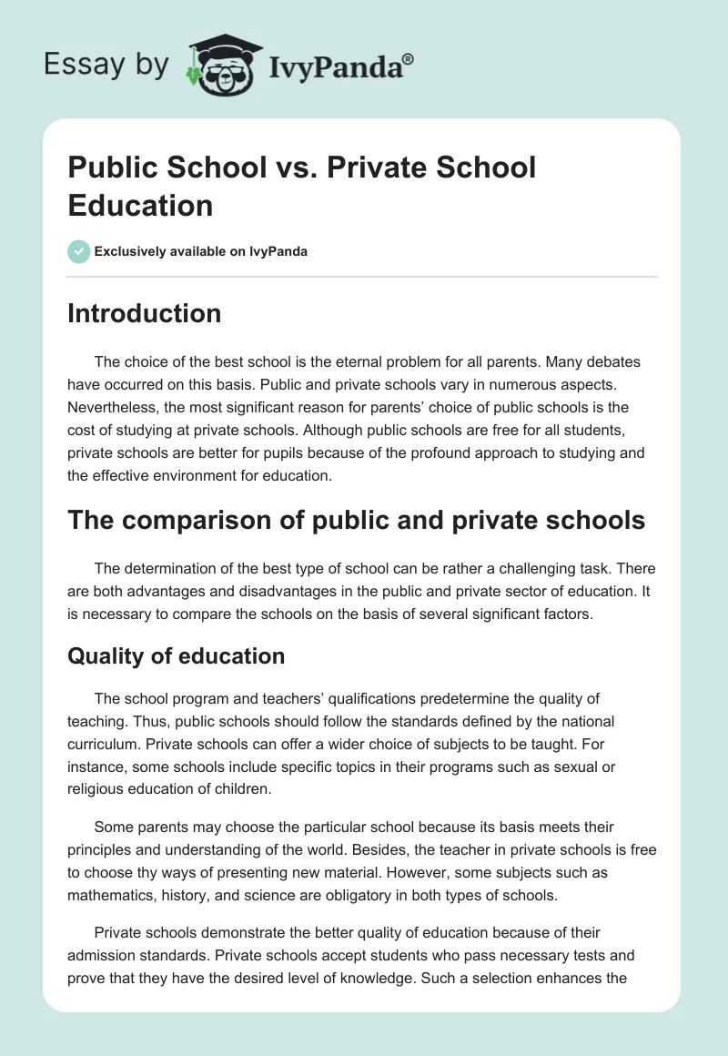 Public School vs. Private School Education. Page 1