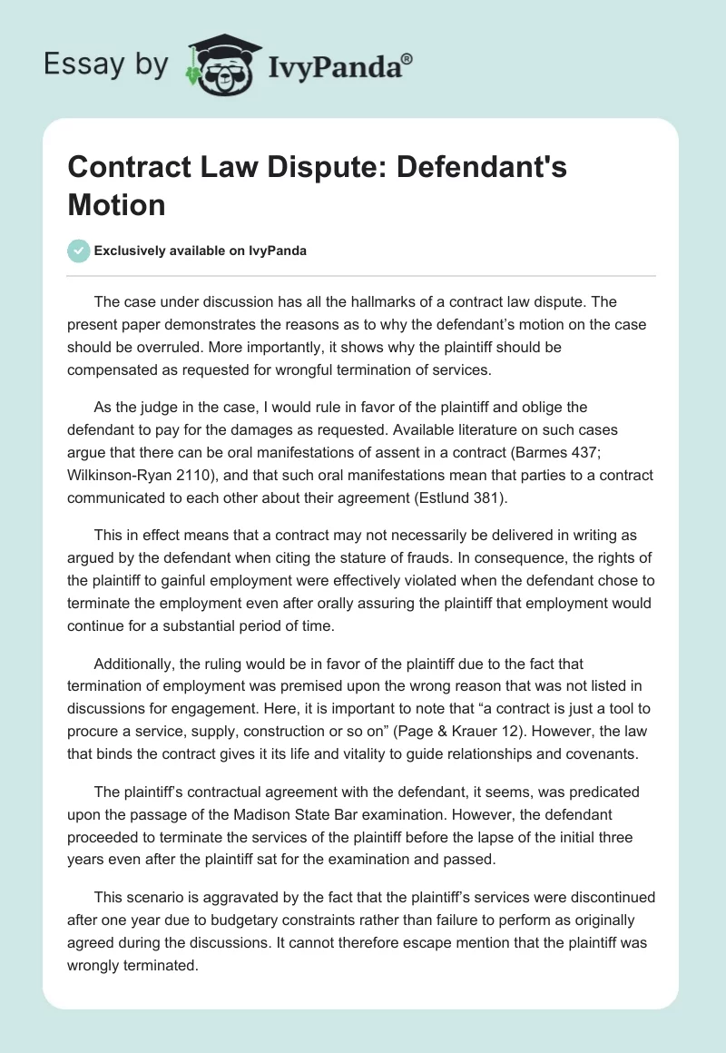 Contract Law Dispute: Defendant's Motion. Page 1