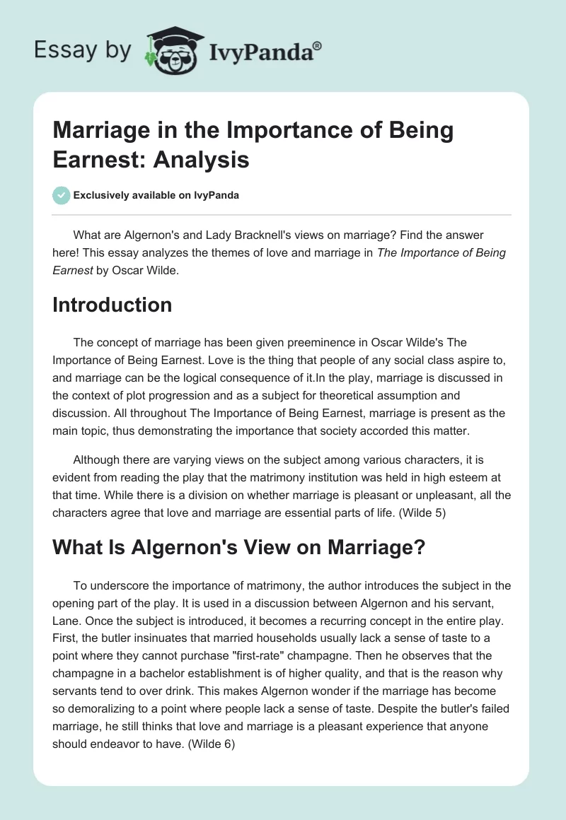 Marriage in the Importance of Being Earnest: Analysis. Page 1