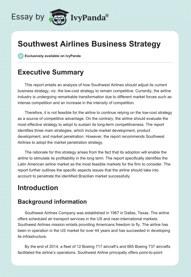 Southwest Airlines Business Strategy. Page 1