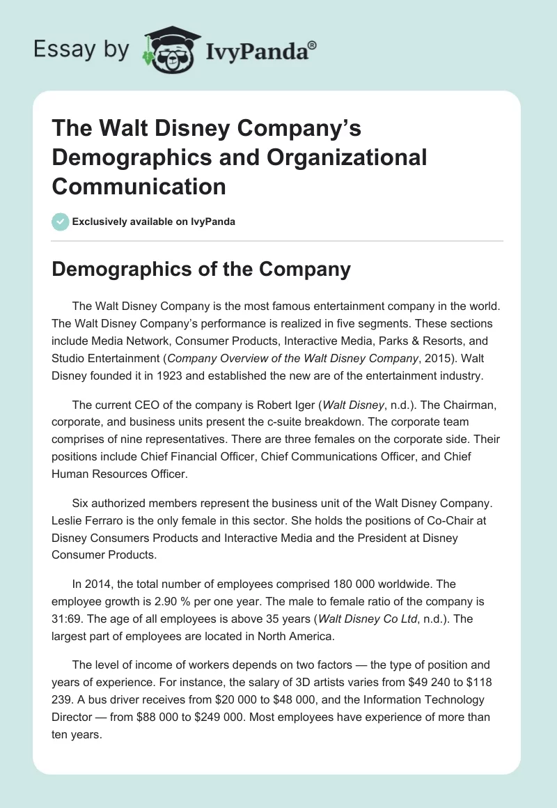 The Walt Disney Company’s Demographics and Organizational Communication. Page 1